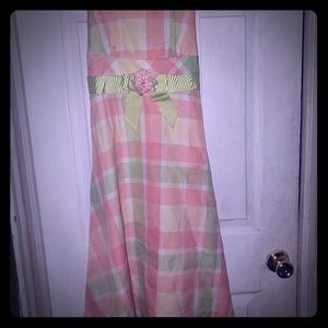 Girls size 12 peach, green and cream dress